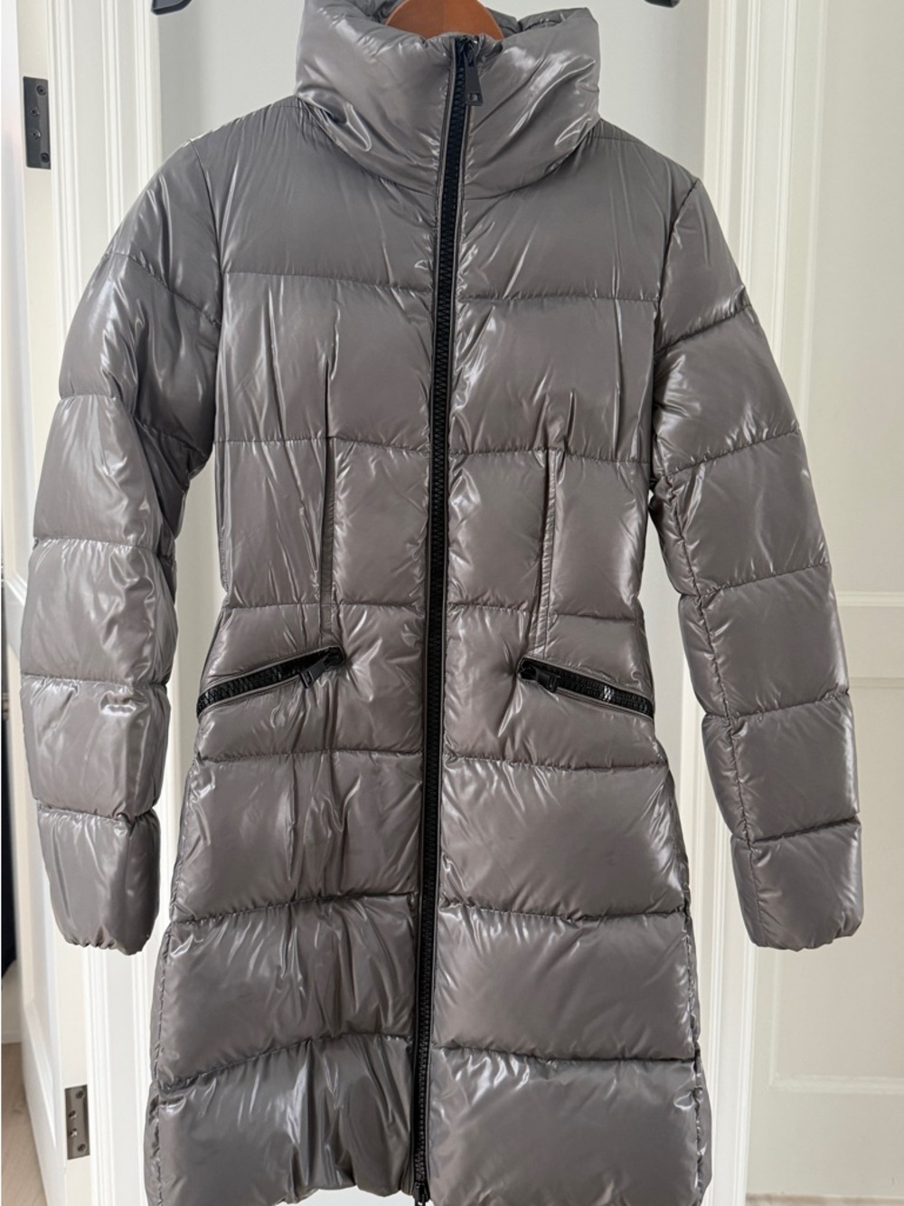 Moncler Shiny Gray Mid-Length Puffer Coat